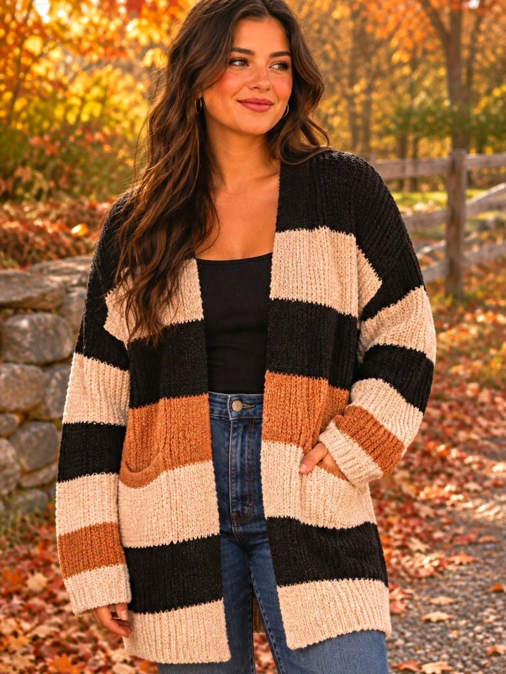 SHEIN Women's Black/Beige/Brown Striped Knit Long Sleeve Cardigan Sweater